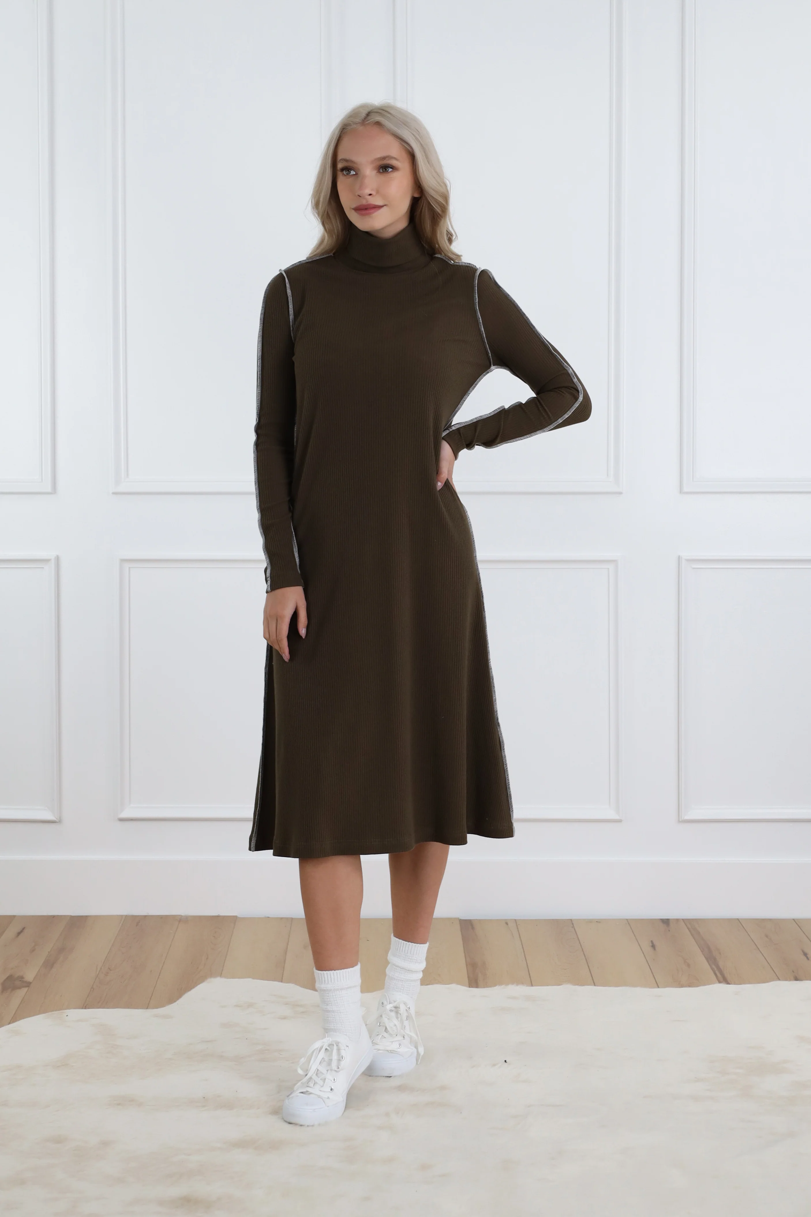 Basic Rib Turtleneck Dress - Image 8