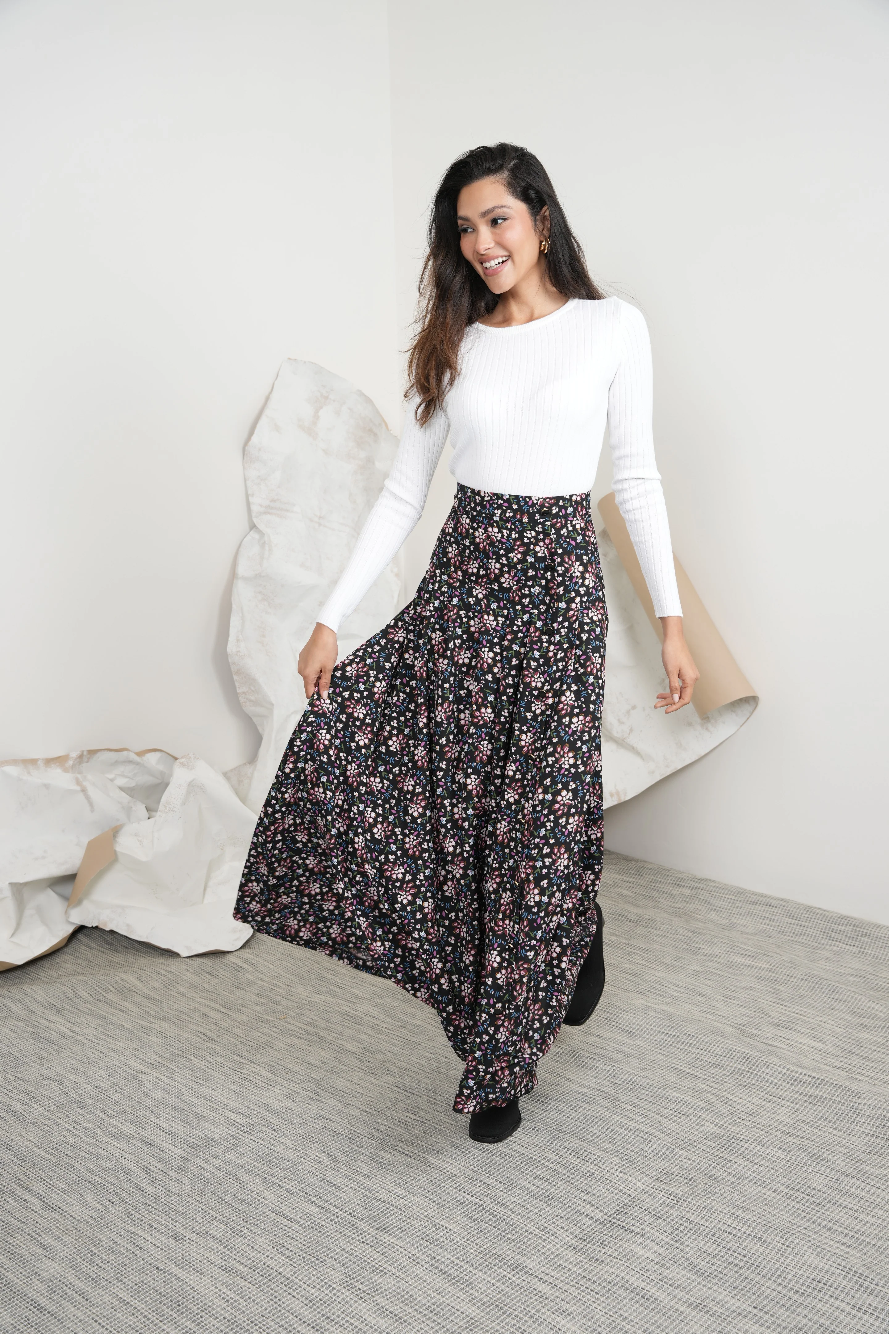 Print Pleated Buttons Skirt - Image 12