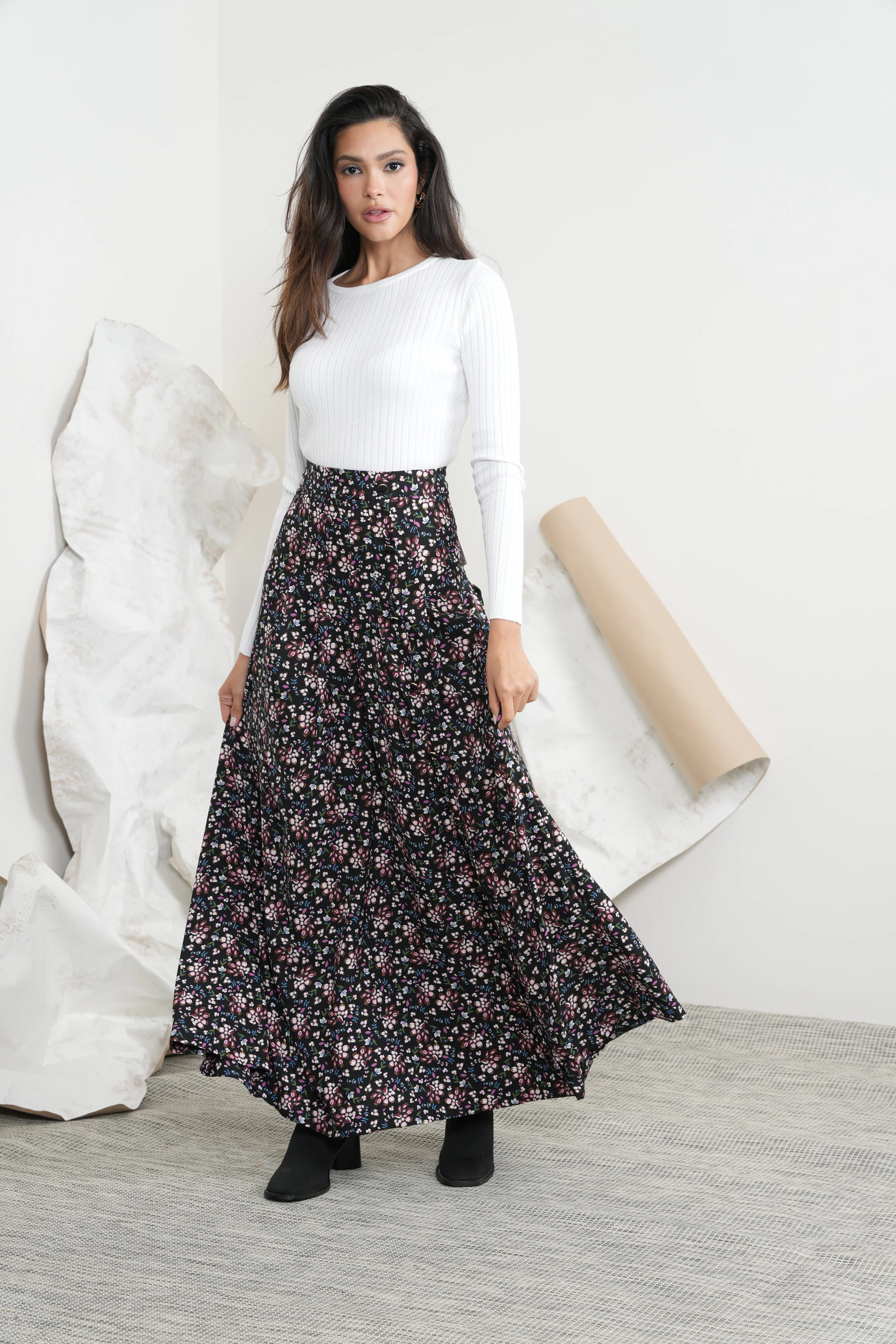 Print Pleated Buttons Skirt - Image 21
