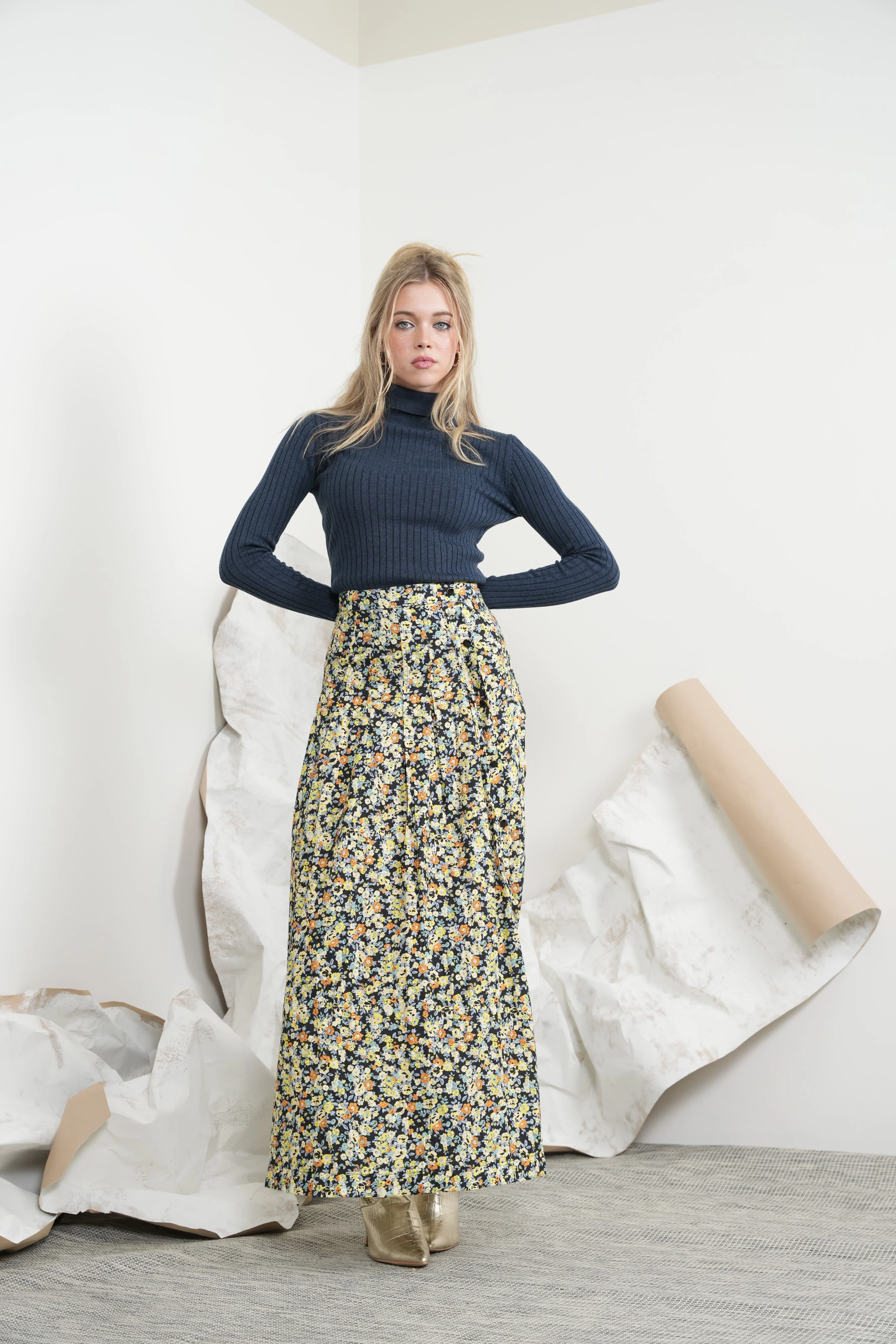 Print Pleated Buttons Skirt - Image 4