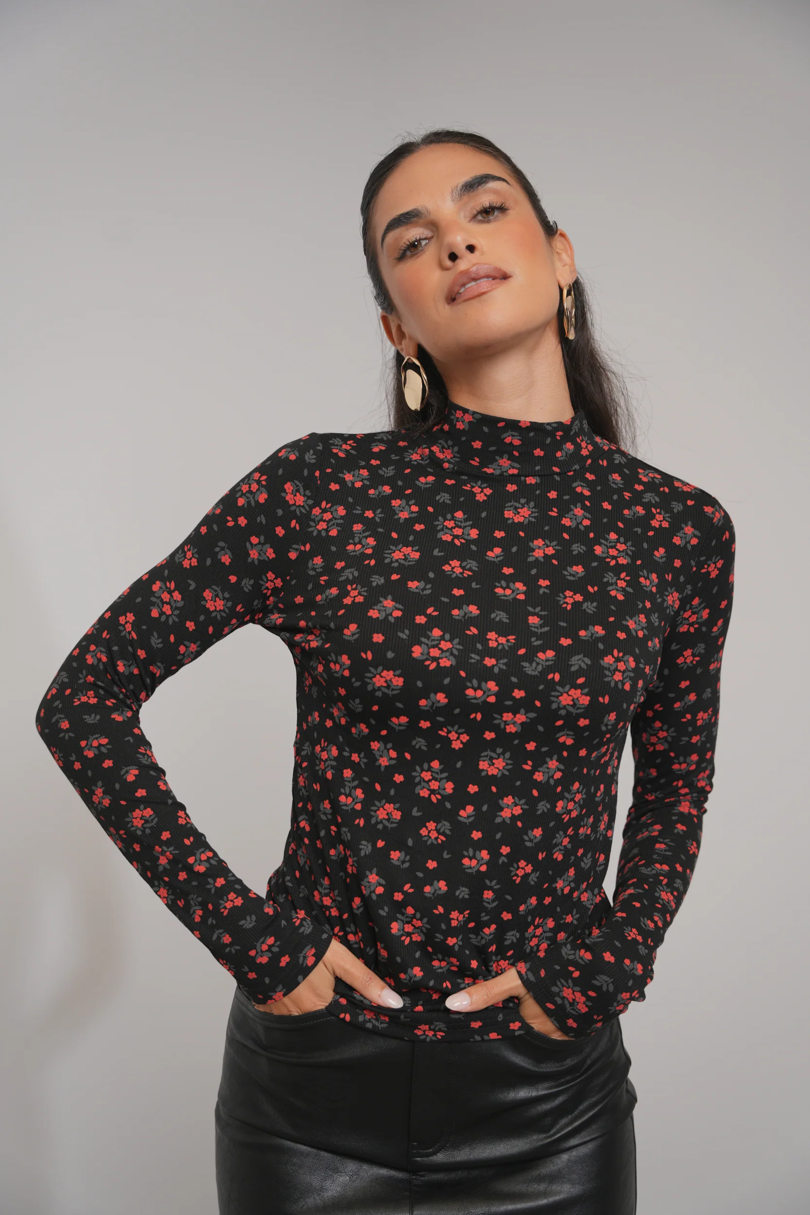 Mock Neck Print Rib Top - Image 18