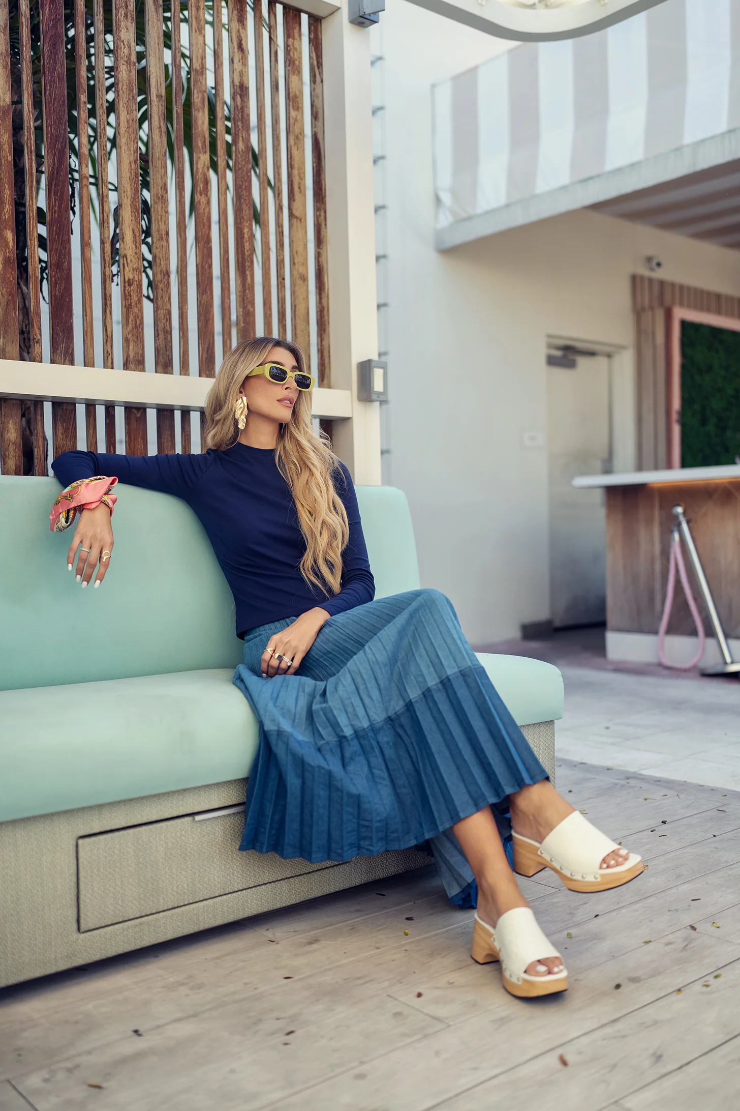 Colorblock Pleated Denim Skirt - Long - Image 3