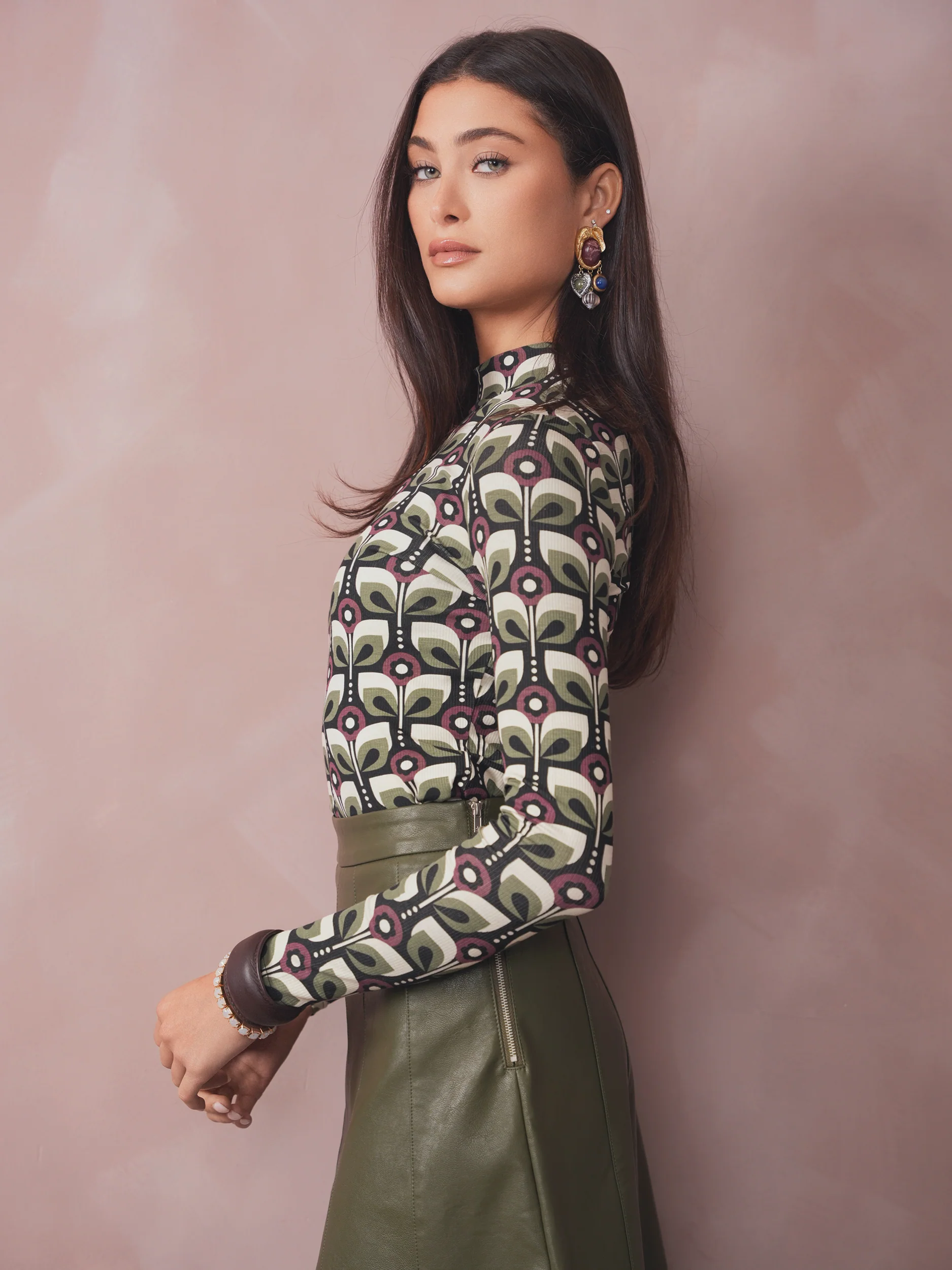 Print Rib Mock Neck