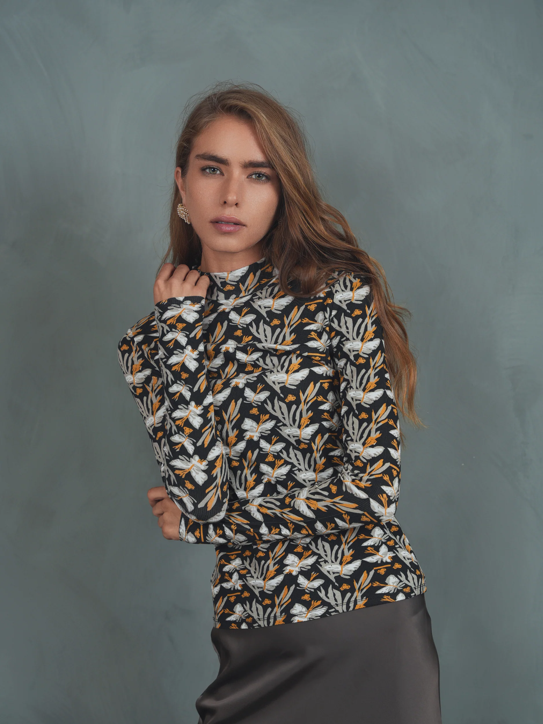 Mock Neck Print Rib Top - Image 2