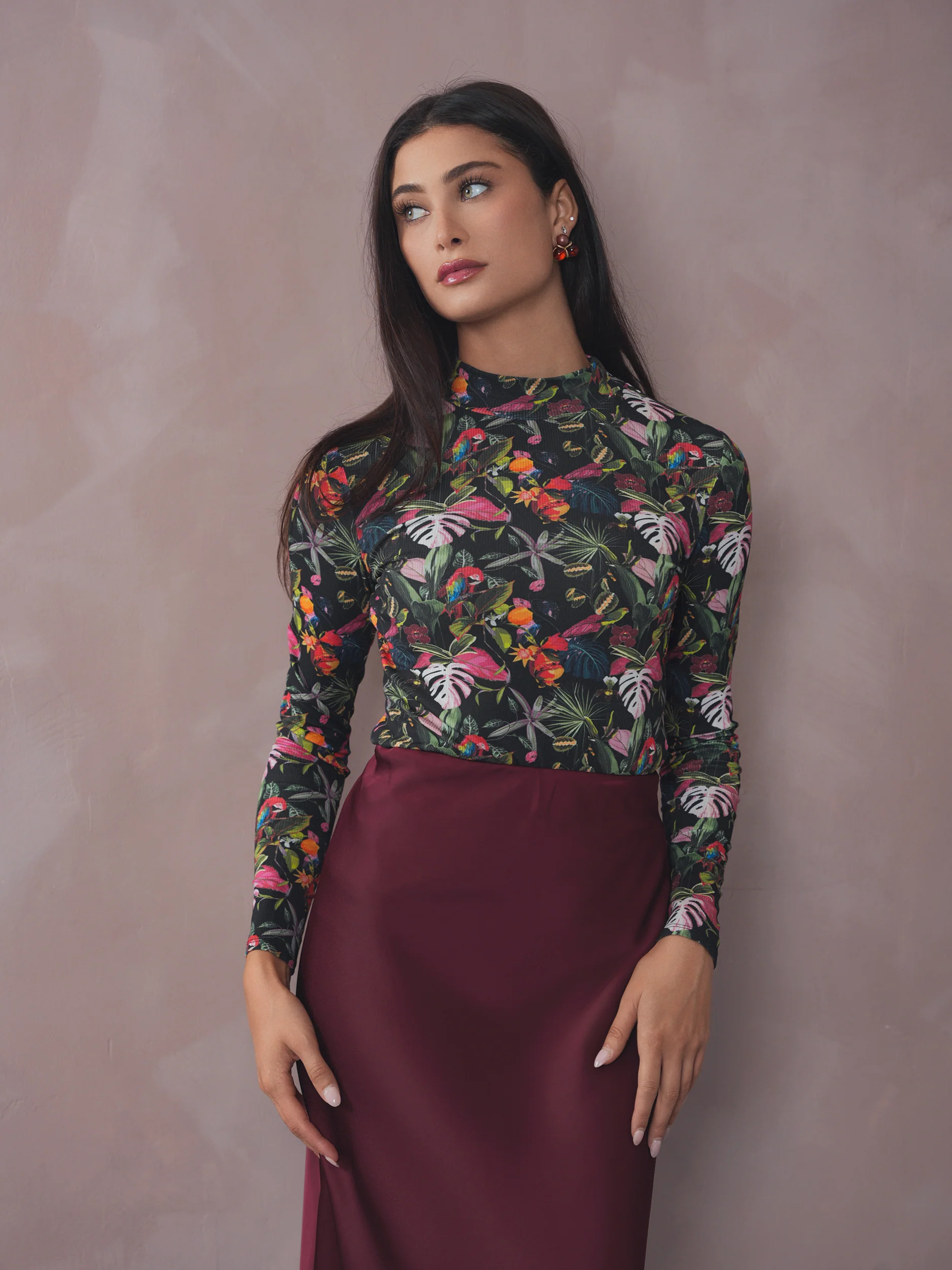 Mock Neck Print Rib Top - Image 4