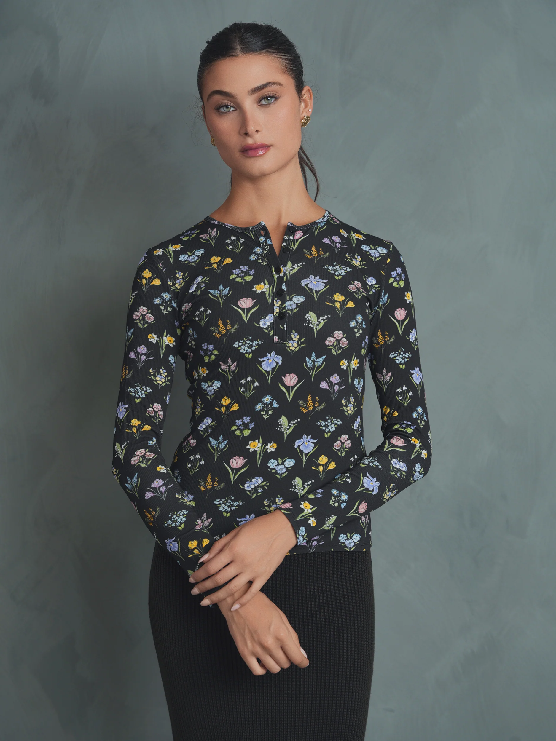 Henley Print Rib Top - Image 3