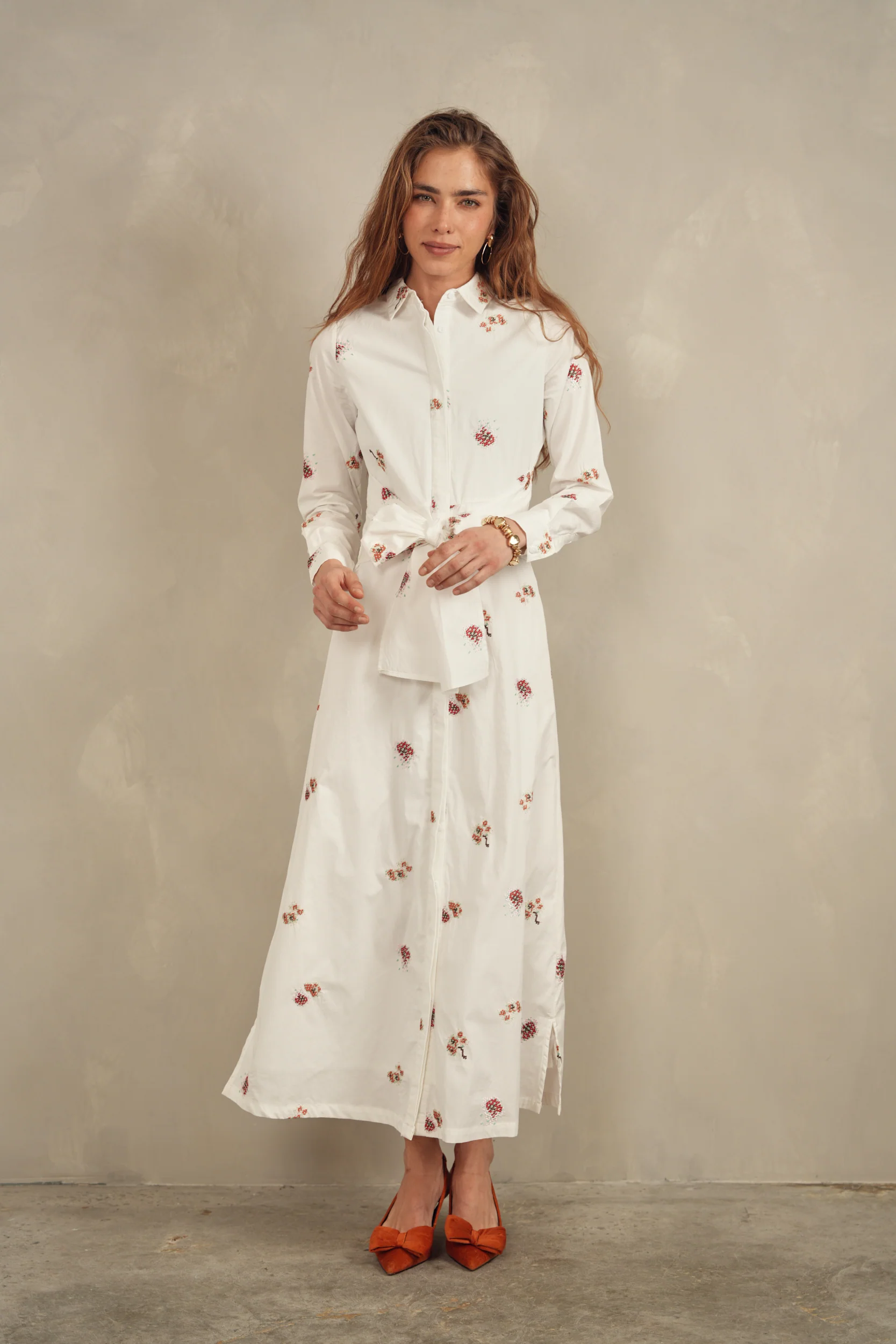 Tie Waist Embroidered Dress
