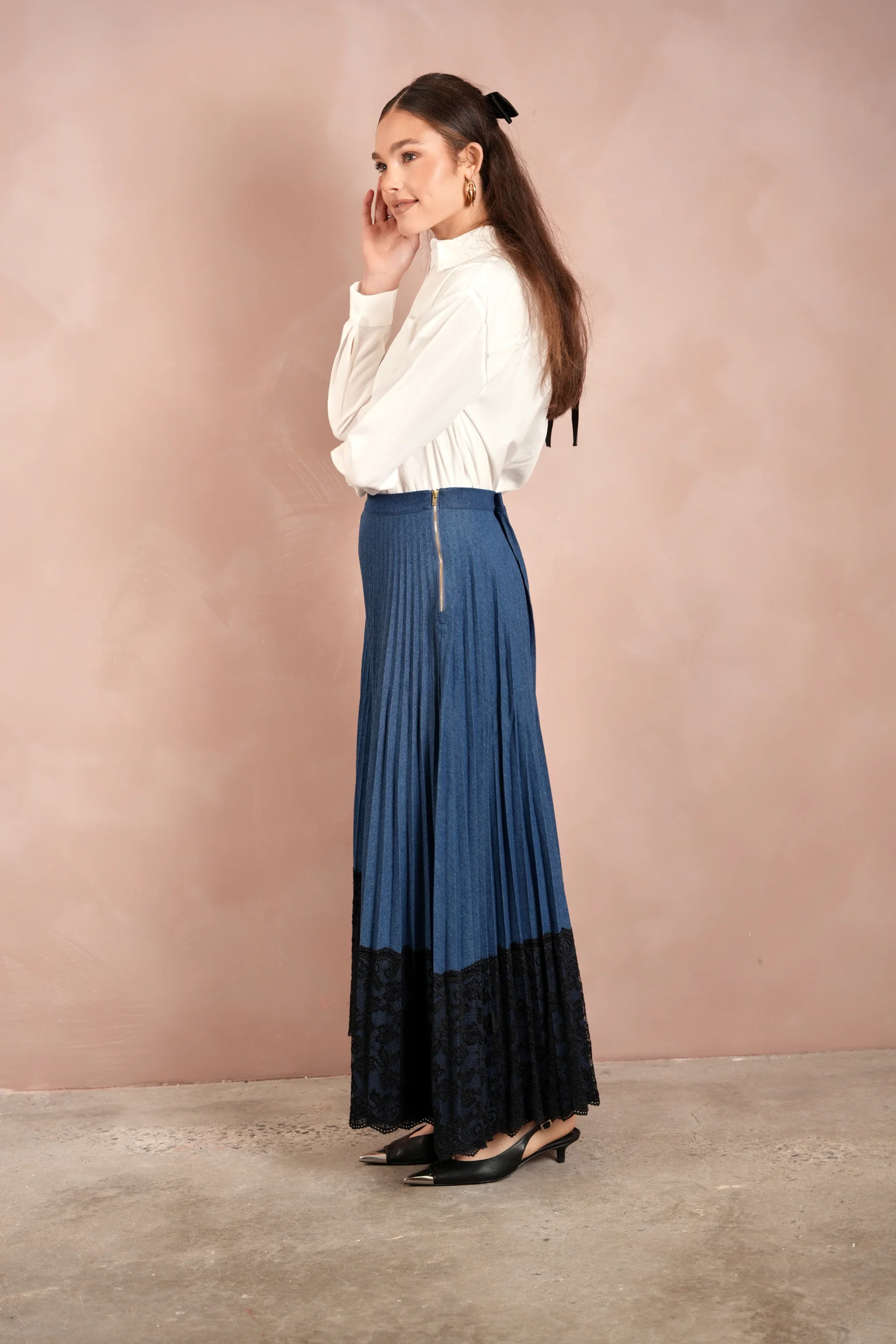 Lace Pleated Denim Skirt - Maxi - Image 4