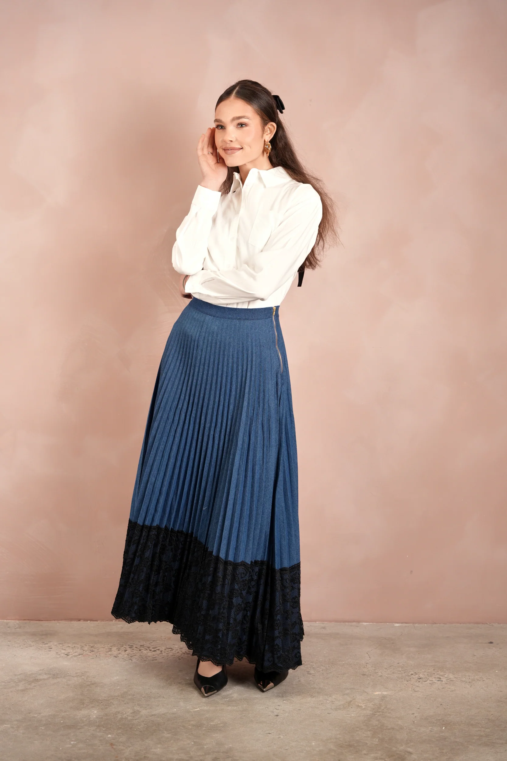 Lace Pleated Denim Skirt - Maxi - Image 6