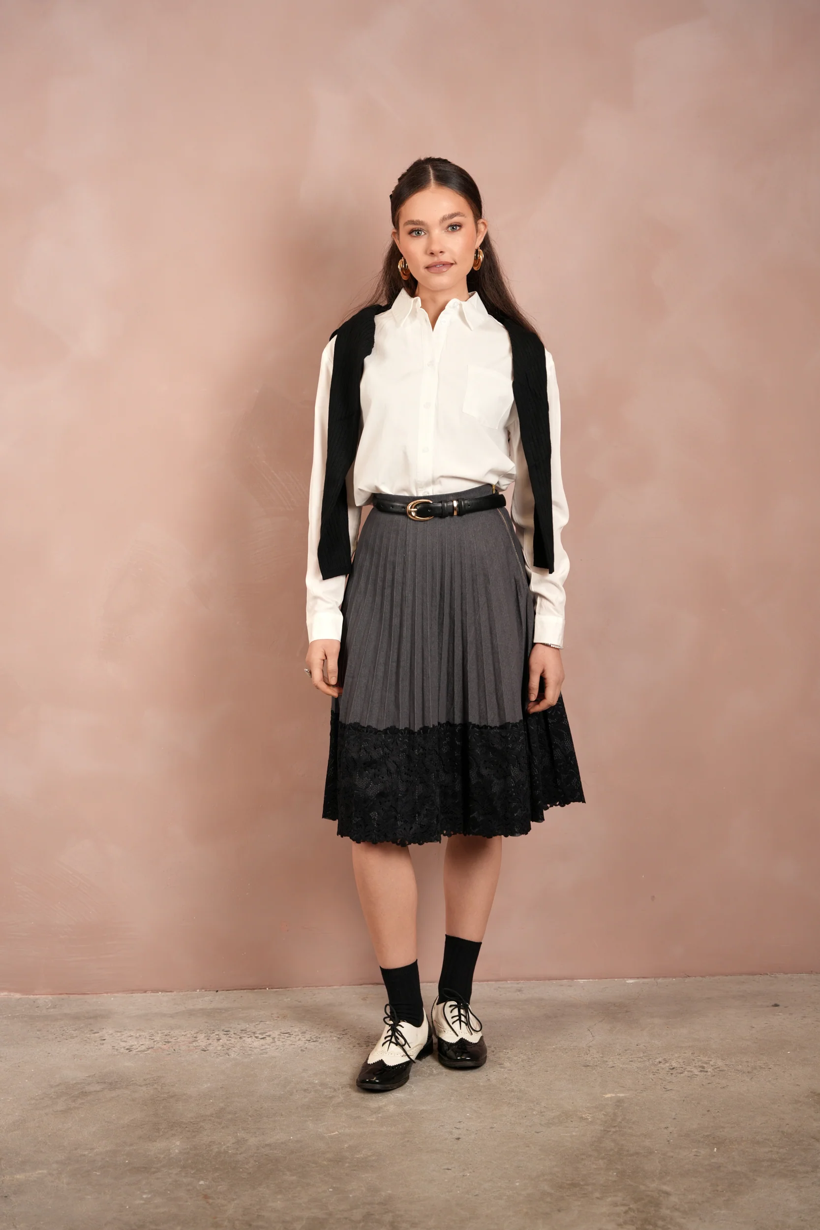 Lace Pleated Denim Skirt - Image 11