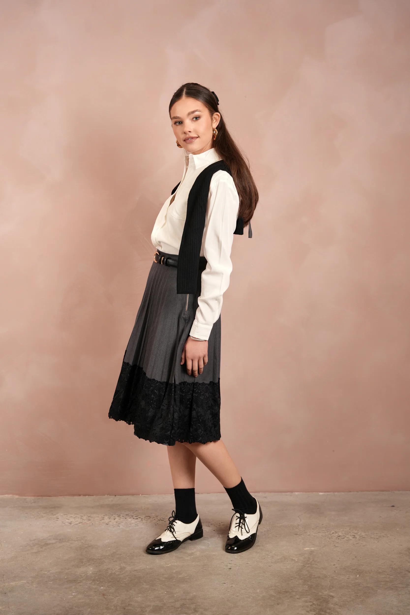 Lace Pleated Denim Skirt - Image 12