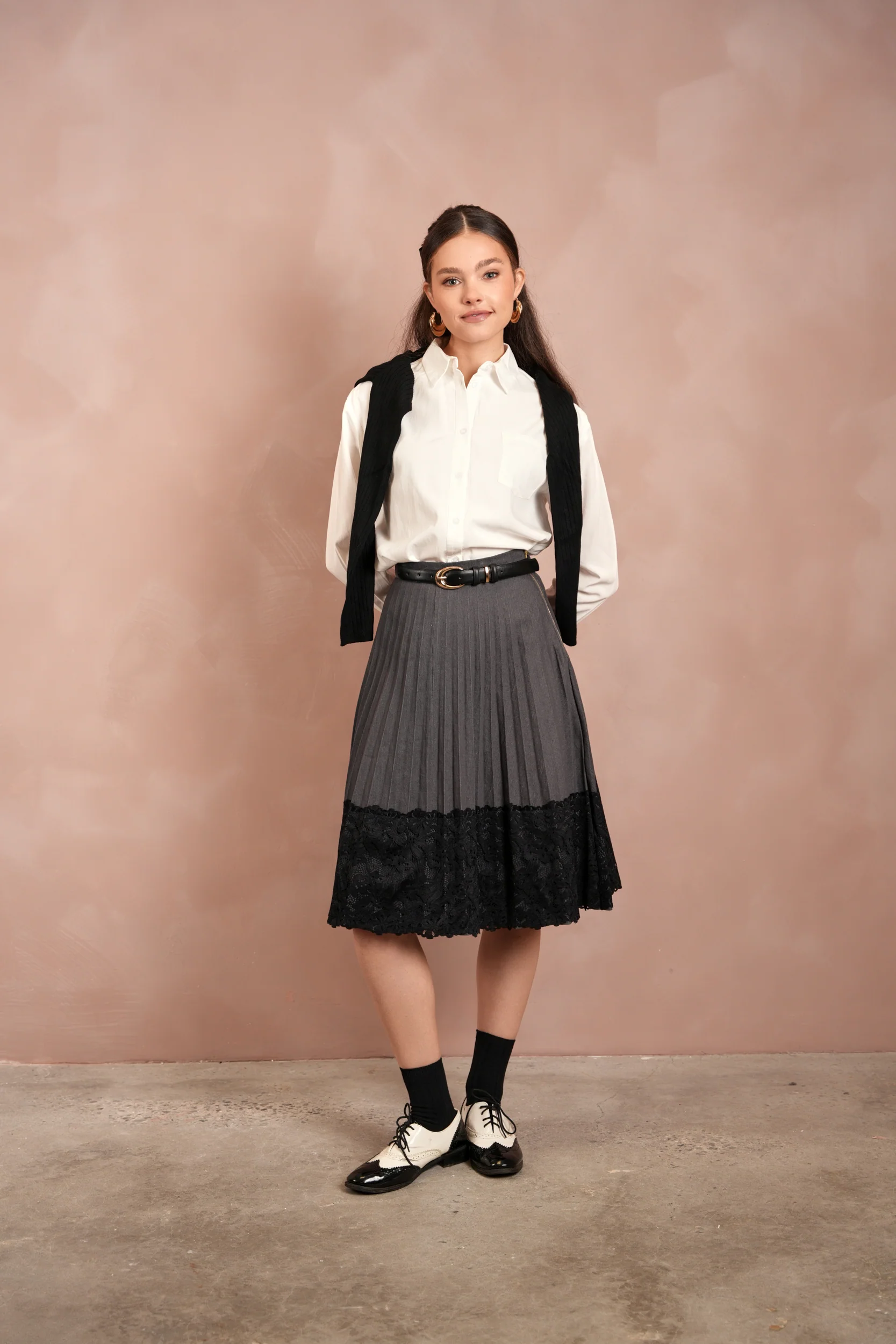 Lace Pleated Denim Skirt - Image 13