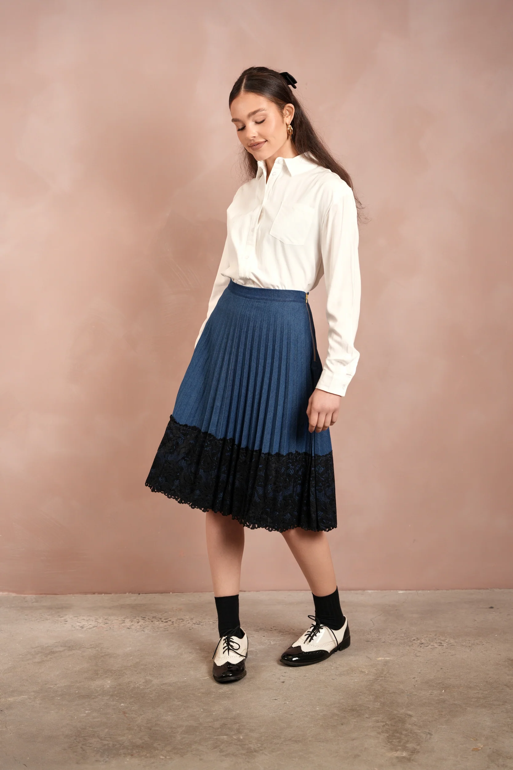 Lace Pleated Denim Skirt - Image 4