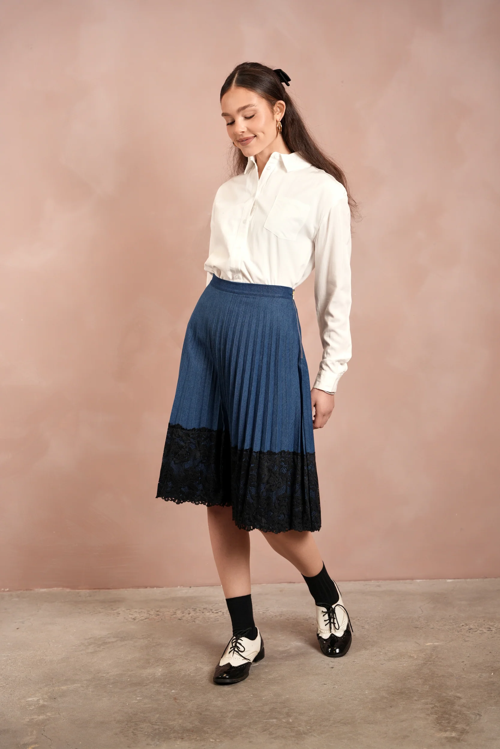Lace Pleated Denim Skirt - Image 5