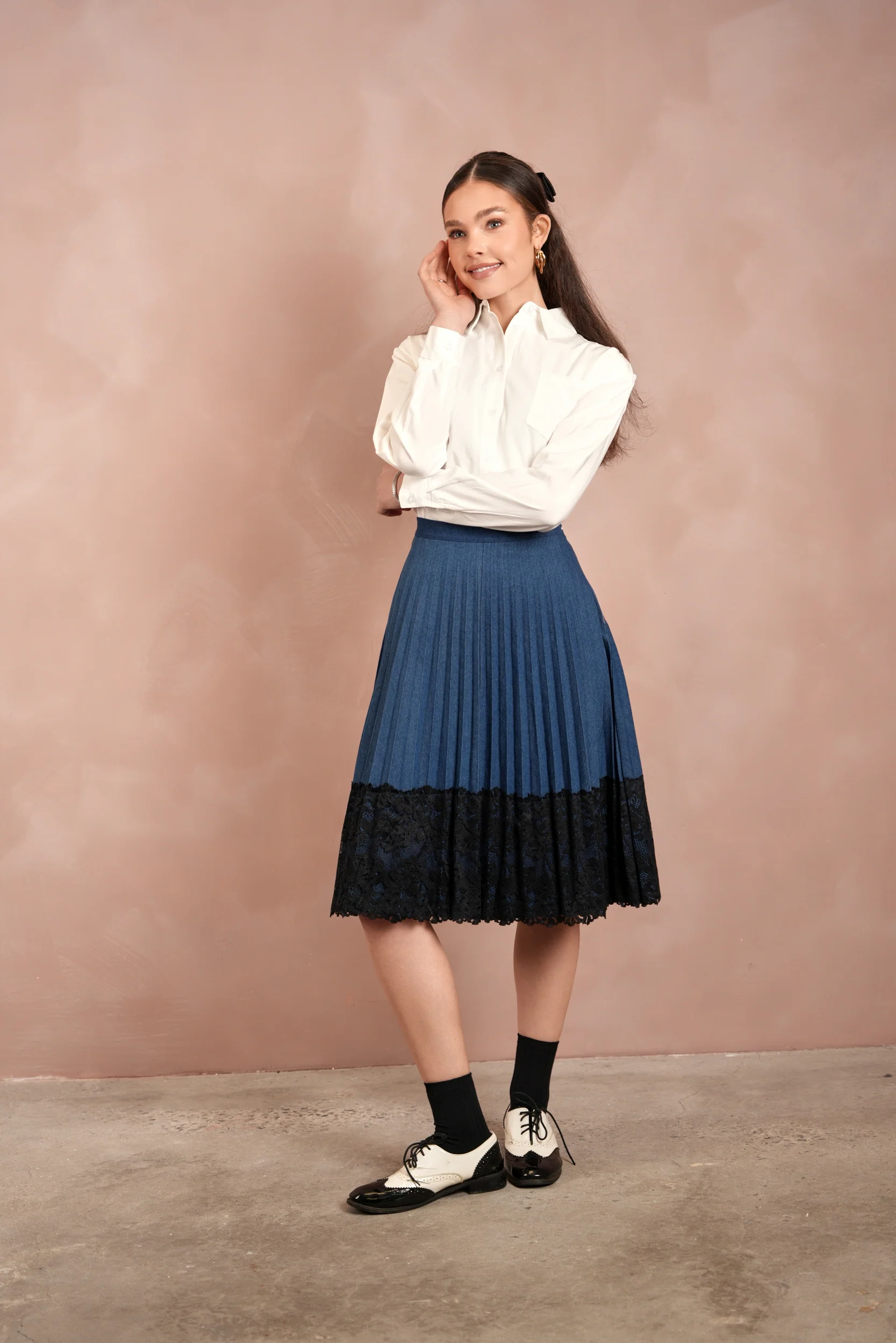 Lace Pleated Denim Skirt - Image 6