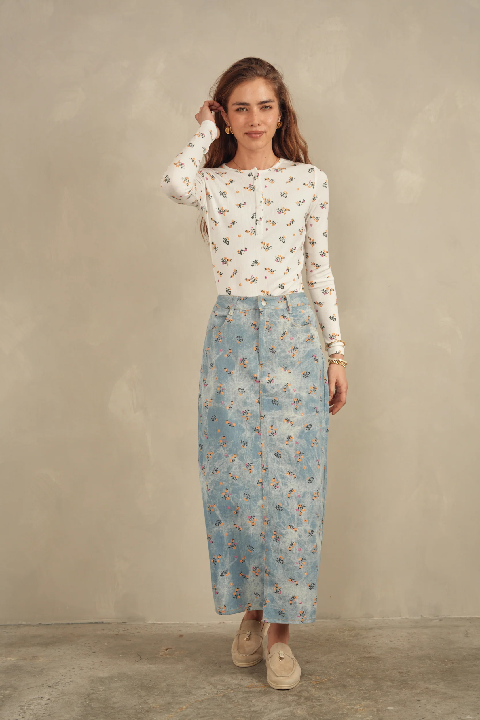 Printed Slit Denim Skirt - Image 8