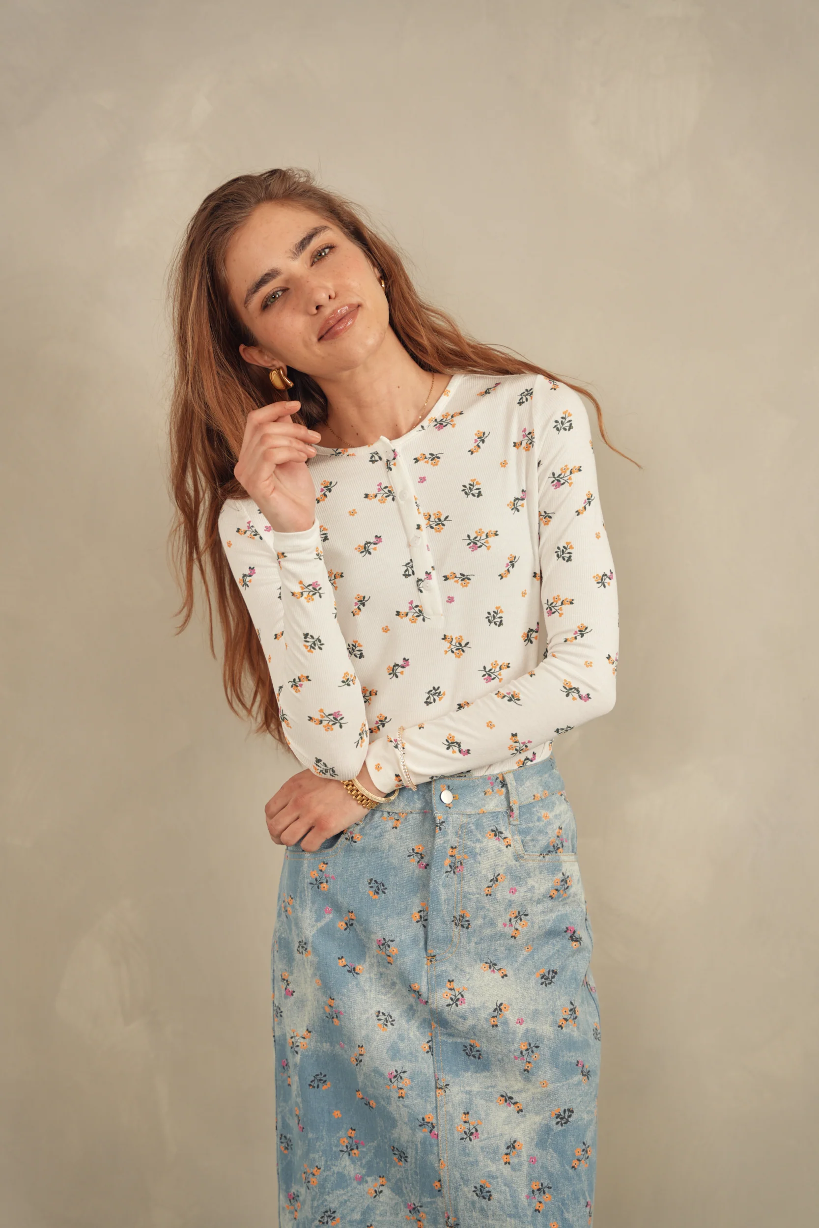 Printed Slit Denim Skirt - Image 9